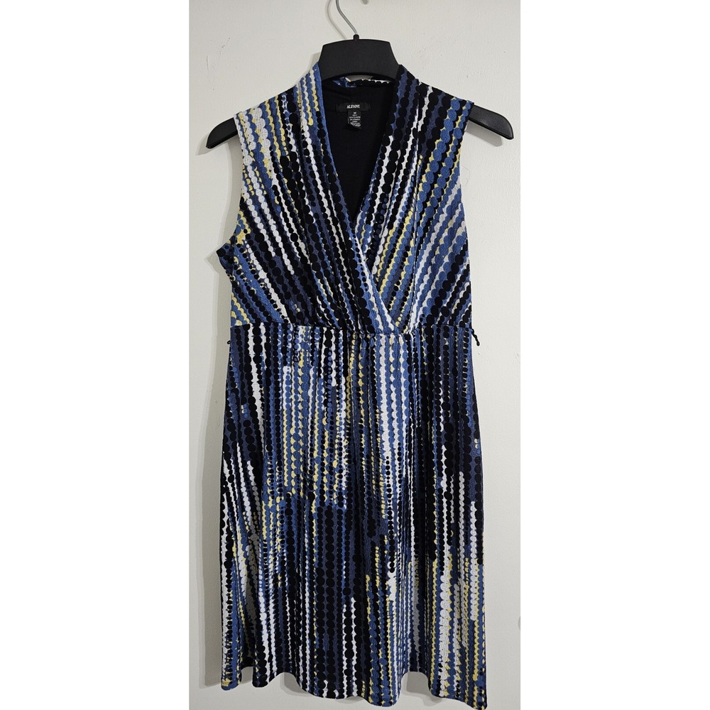 Alfani Womens All Over Print Dress Size Medium Blue White Lined V Neck Sleeveles
